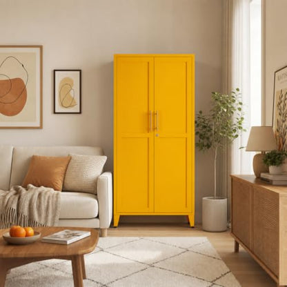 61" Tall Yellow Lockable Metal Storage Cabinet, Farmhouse Pantry Cabinet with 2 Square-Pattern Doors & 3 Adjustable Shelves, Freestanding Cupboard with Legs for Home, Office, Laundry, Entryway - color: Mustard, style: Cabinet-61"H-DL
