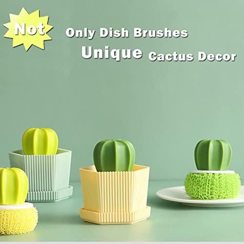 Cactus Mini Dish Brush Set with Drip Tray (3 Replacement Brushes), Durable Kitchen Cleaning Scrubbers for Plates, Pans, Pots, Sink (Green) - color: Green