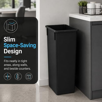 23 Gallon Slim Rectangular Commercial Trash Can, Heavy Duty Plastic Indoor Waste Bin for Kitchen, Office, Restaurant, School, Restroom & Janitorial Use (Black, No Lid) - color: Black