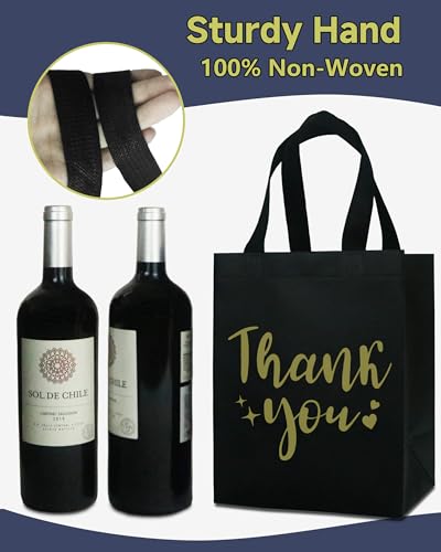 24 Black Thank You Gift Bags - Sturdy, Reusable, Medium 8x5x10 with Handles, Non-Woven for Weddings, Teachers, Father's Day, Parties, Birthdays & Graduations