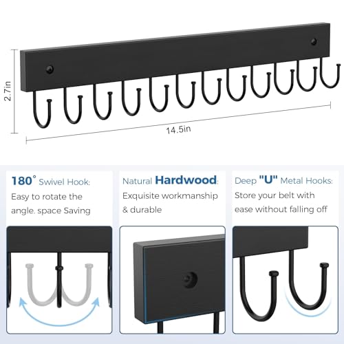 Belt Hanger Wall Mounted, Wooden Belt Organizer 2 Pack - color: Black, size: 2 Pack-Belt