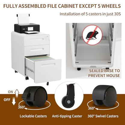3 Drawer Mobile File Cabinet with Lock, 4 Keys and 25 Letter File Folders - color: White, size: 23.8"H*15.7"W-3 Drawers(25 letter folders)
