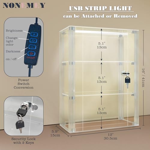 NONEMEY Acrylic Display case with Lock,3 Tier Lockable Security Display Case, Dustproof Protection Countertop Organizer Box for Collectibles (3Tier 12×5.9×16inch；30.5×15×41cm) - size: 3 tier-12*5.9*16.2in