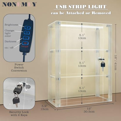 NONEMEY Acrylic Display case with Lock,3 Tier Lockable Security Display Case, Dustproof Protection Countertop Organizer Box for Collectibles (3Tier 12×5.9×16inch；30.5×15×41cm) - size: 3 tier-12*5.9*16.2in