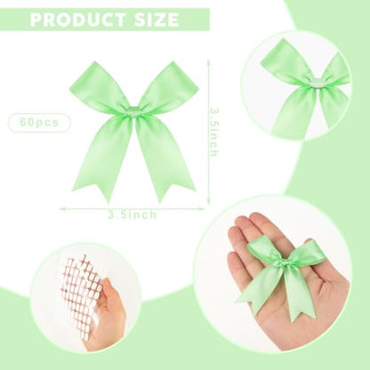 Mint Green Bows 60 Pcs 3.5 Inch Pre-Tied Satin Ribbon Bows, Adhesive Dots - color: Mint green, size: 60 PCS