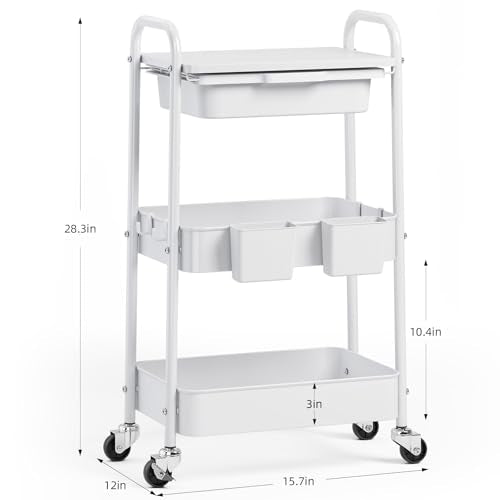 KINGRACK 3 Tier Metal Rolling Cart with Drawer, White Utility Storage Cart - color: White