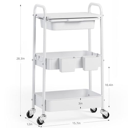 KINGRACK 3 Tier Metal Rolling Cart with Drawer, White Utility Storage Cart - color: White