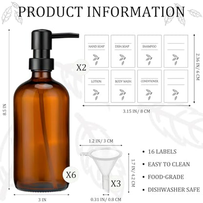 6 Pack Amber Glass Soap Dispenser with Plastic Pump, 16 oz