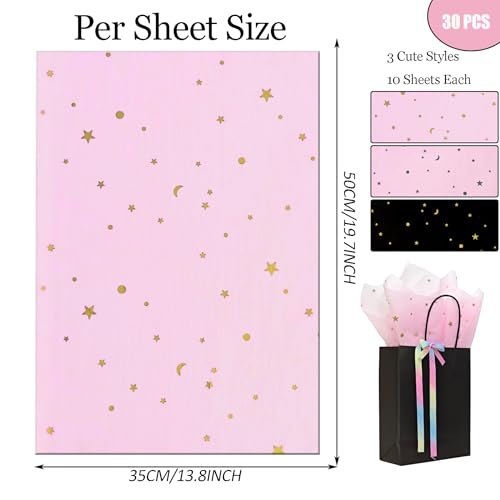 Tissue Paper, Metallic Moon and Star Gift Wrapping Tissue Paper for Gift Bags Bouquets, Chic Pink Black Packaging Materials for Birthday, Christmas Holiday DIY Art Projects,30 Sheets 20x14in - color: Black Pink 30P