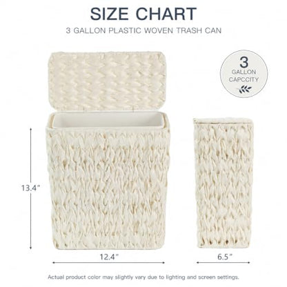 Wicker Trash Can with Lid & Liner, Small Bathroom Waste Basket, Beige - color: white