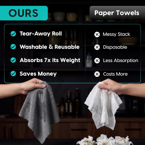 Microfiber Cleaning Cloth Roll Tearaway, 50 PCS Tear Away Towels, Reusable & Washable, Ultra Absorbent 12" x 12" Dish Rags for Car, Home, Kitchen, , 180 GSM Thickness, Paper Towel Alternative - color: Grey