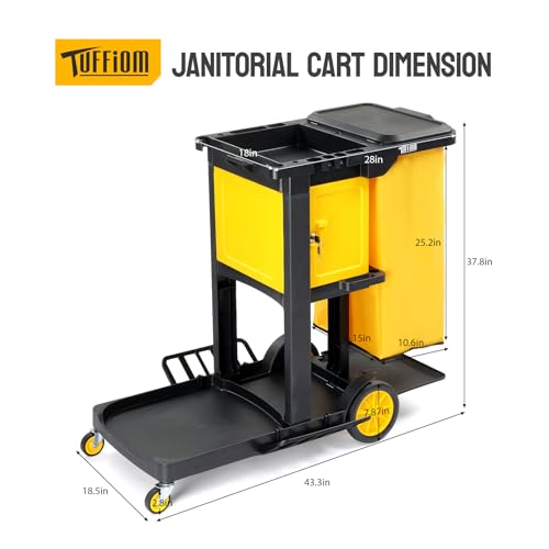 TUFFIOM Janitorial Cart with Key-Locking Cabinet, 3-Shelf Commercial Cleaning Cart, Housekeeping Caddy with Locker,Wheeled with Yellow Vinyl Bag, Black, Great for Hotel, Stores, Schools, and Business - color: Black