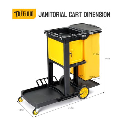 TUFFIOM Janitorial Cart with Key-Locking Cabinet, 3-Shelf Commercial Cleaning Cart, Housekeeping Caddy with Locker,Wheeled with Yellow Vinyl Bag, Black, Great for Hotel, Stores, Schools, and Business - color: Black