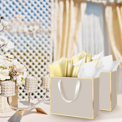 ReliThick 12 Pack Paper Gift Bag with Handles & Tissue, Champagne, Gold - color: Champagne, Gold
