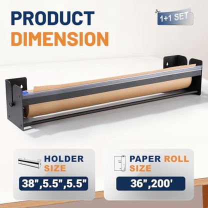 Perkhomy 36 Inch Paper Roll Dispenser and Cutter - Heavy-Duty Wall Mountable, Non Slip Tabletop - Kraft, Freezer, Butcher Paper - Up to 300ft Rolls (Black, 36 Inch)