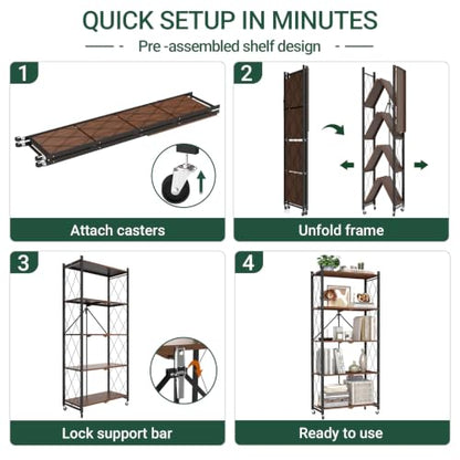 black leopard 5-Tier Foldable Shelf with Wheels, Wood-Grain Steel Shelves