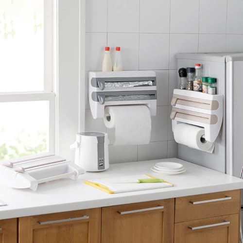 AUNMAS Plastic Wrap Dispenser Wall Mounted Paper Towel Holder with Side Button Inside Cutter No Drill Easy Installation Multifunctional Storage for Kitchen Cling Film Aluminum Foil Garbage Bags