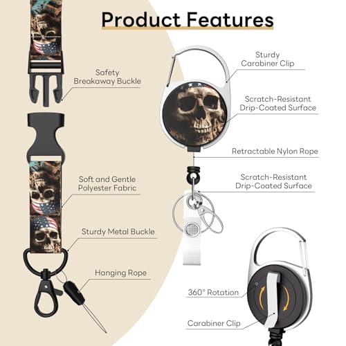 Retractable Badge Holder with Detachable Lanyard, American Skull - color: American Skull