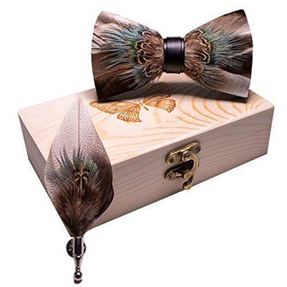 RBOCOTT Handmade Feather Pre-tied Bow tie and Brooch Sets for Men - color: Brown/Turqupise