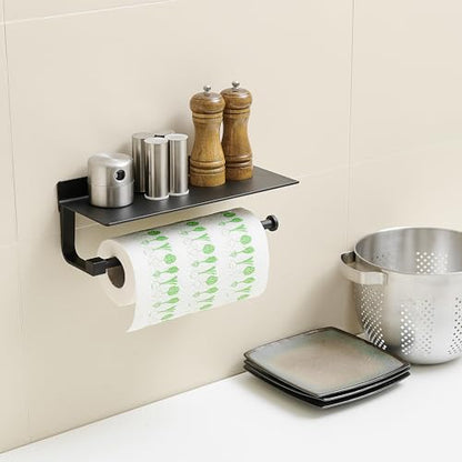 Hand Towel Holder for Bathroom -Paper Towel Holder Wall Mount - for Bathroom Black Paper Towel Holder with Shelf -Kitchen Towel Holder Black - color: Black