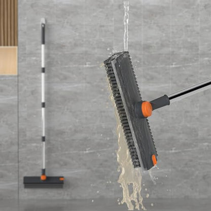 Floor Scrub Brush with Long Handle Length Adjustable, 3 in 1 Heavy-Duty Stiff 90° Bristle Floor Scrubber Broom with Squeegee, Cleaning Brush for Bathroom, Garage, Kitchen, Tile, Deck & Patio (Gray) - color: Gray