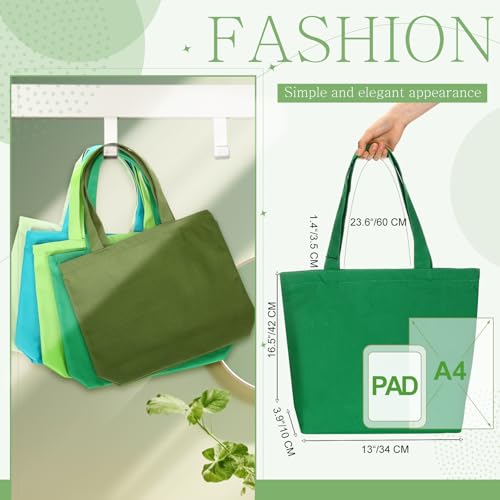 Epakh 8 Pack Canvas Tote Bag Bulk with Zipper, 16.5 x 13 Inch, Green - color: Green, size: 16.5 x 13 Inch