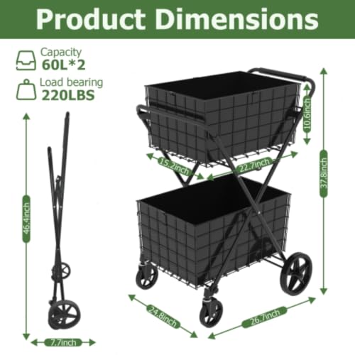 Extra Jumbo Foldable Shopping Cart with 2 Removable Baskets and Waterproof Liner, Heavy Duty Utility Grocery cart on Wheels, Rolling 2-Tier Laundry cart with 360° Swivel Front Wheels (2-Tire) (Black) - color: Black