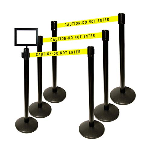 40" HT Retractable Belt Queue Safety Stanchions Barrier Combo Set (6 Posts Caution Belt+SFrame+WBracket) - color: 6 Posts Caution Belt+sframe+wbracket