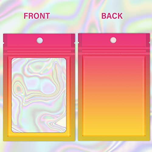 100 Pieces Reusable Bags Clear Window, Holographic Gradient Mylar Zip Bag - color: Hot Pink&Orange, size: 6.3x9.4 Inch