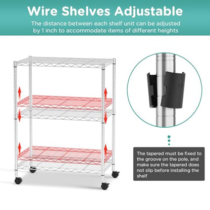 FDW | 3-Tier Wire Shelf with Wheels | 23" x 13" x 31" | Chrome - color: Chrome, size: 3-Shelf With Wheels
