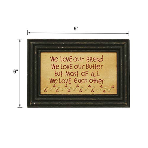 CVHOMEDECO. Primitives Antique 'We Love Our Bread, Our Butter, But Most of All Each Other' Stitchery Frame Wall Mounted Hanging Decor Art, 9 x 6 Inch - color: We Love Our Bread, We Love Our Butter, But Most of All We Love Each Other