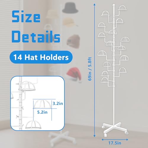 Montex Freestanding Hat Rack Stand, Wig Display Stand, Metal Hat Organizer Rack with 14 Customisable Circular Hooks, Hats Tree Stand Floor Standing Hat Display, White - color: White