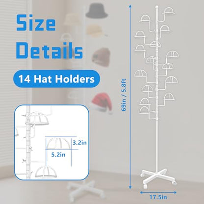 Montex Freestanding Hat Rack Stand, Wig Display Stand, Metal Hat Organizer Rack with 14 Customisable Circular Hooks, Hats Tree Stand Floor Standing Hat Display, White - color: White