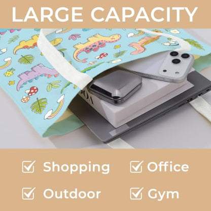 Cute Canvas Tote Bag for Women, Book Totebag with Zipper Pocket - color: Dinosaurs