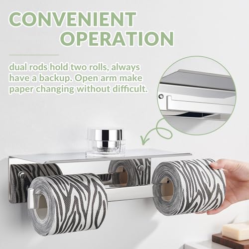 APLusee Double Toilet Paper Holder with Storage Shelf, Polished Chrome - color: Polished Chrome, size: Double Rod