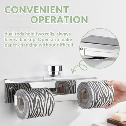 APLusee Double Toilet Paper Holder with Storage Shelf, Polished Chrome - color: Polished Chrome, size: Double Rod