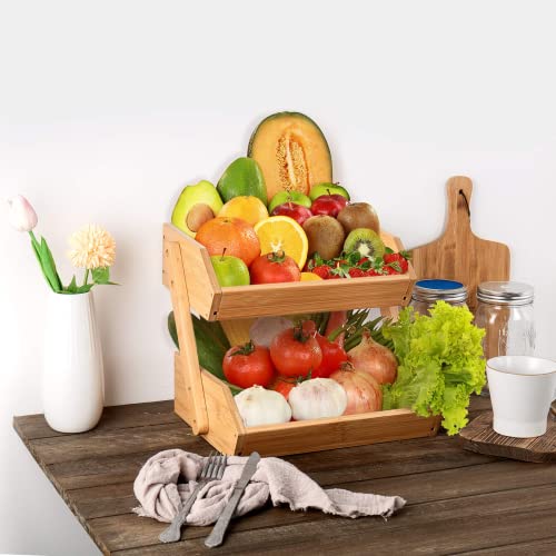 Bamboo Tiered Fruit & Vegetable Storage Bowl Stand for Kitchen Countertop - Produce Basket for Potato, Onion, Bread, Snack Storage - size: 2 Tier Bamboo