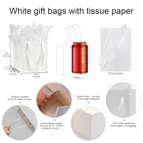 Aosric White Square Gift Bags with Tissue Paper, 24 Pack 4x4x4 Inch - color: White