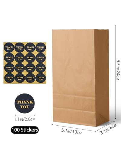qiqee 100Pcs Treat Paper Bags 5.1"x3.1"x9.4" Brown Party Gift Bag Mini Snack Bag without Handle - size: Treat Bag - 100 Packs