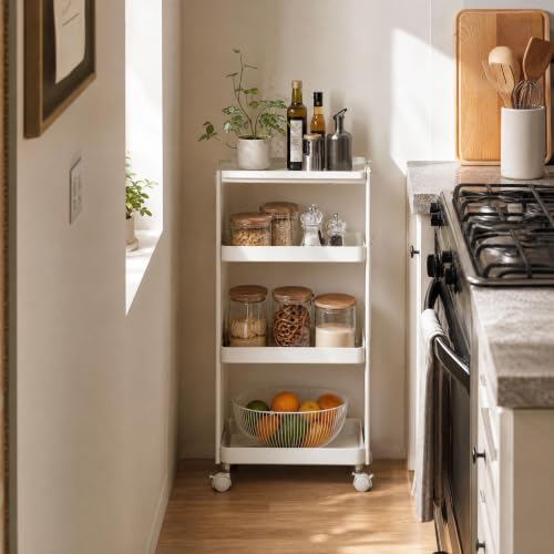 4 Tier Foldable Rolling Cart, Collapsible Storage Cart with Wheels - color: White, size: 3 Tier with Wooden Top