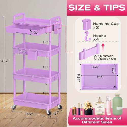 Goovilla Rolling Makeup Organizer Cart with Removable Drawer, 4 Tier Purple - color: Purple, size: 4 Tier
