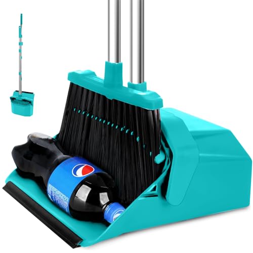 Broom and Dustpan Set for Home, 51" Long Handle Standing Dustpan Blue - color: Blue