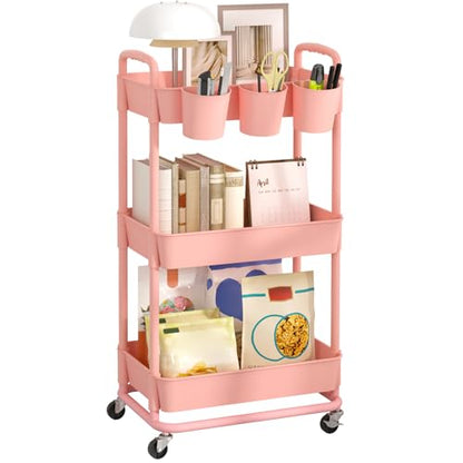 JIUYOTREE 3-Tier Plastic Rolling Storage Cart Utility Cart Pink - color: Pink, size: 3-Tier