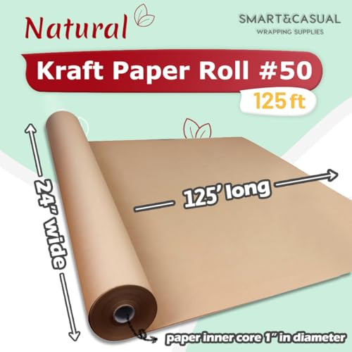 SMART&CASUAL 24" x 1,500" (125') Brown Kraft Craft Paper Roll for Gift Wrapping Bulletin Board Bouquet Flower Art Packing Parcel Table Covering 70GSM 50LB (Brown, 24" x 125') - color: Brown, size: 24" x 1,500" ( 125ft )
