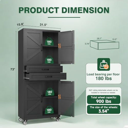 Letaya Metal Garage Storage Cabinets with Wheels,Black Rolling Tool Cabinet - color: Black, size: 16” D x 31.5” W x 73” H