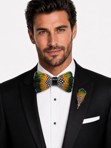 RBOCOTT Handmade Feather Pre-tied Bow tie and Brooch Sets for Men - color: Green/Yellow/White