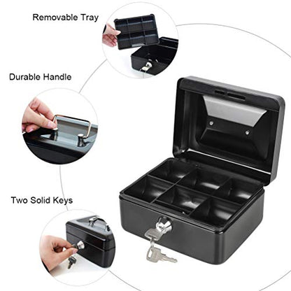 Cash Box with Money Tray, Parrency Small Money Box with Key Lock, 6" x 4 4/5" x 3", Black - color: Black, size: Small（5.9")