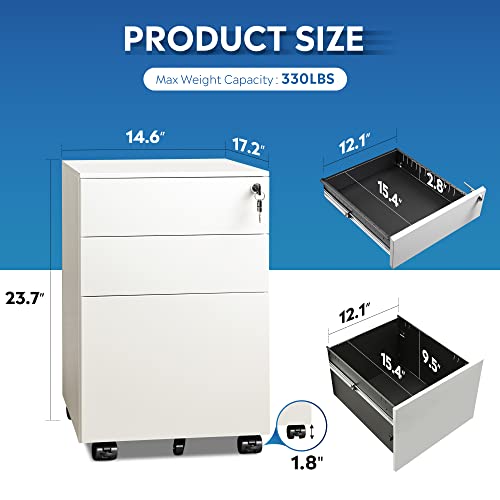 DEVAISE 3 Drawer File Cabinet with Lock, Fully Assembled Except Casters - color: White, size: 14.6"W x 17.2"D x 23.7"H