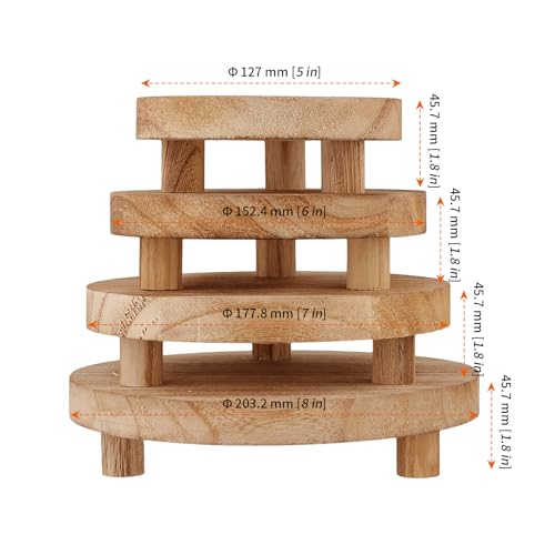 HOZEON 4 PCS Wooden Display Risers, Round Wooden Pedestal Stand for Dessert Display, Kitchen Organization, Retail Display and Home Decor(4 Sizes, Light Brown)