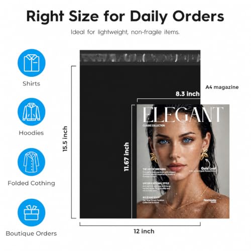 Fuxury Poly Mailers 12x15.5" 100 Pcs,Durble Shipping Bags For Clothes,Black - color: Black, size: 12x15.5" 100pcs